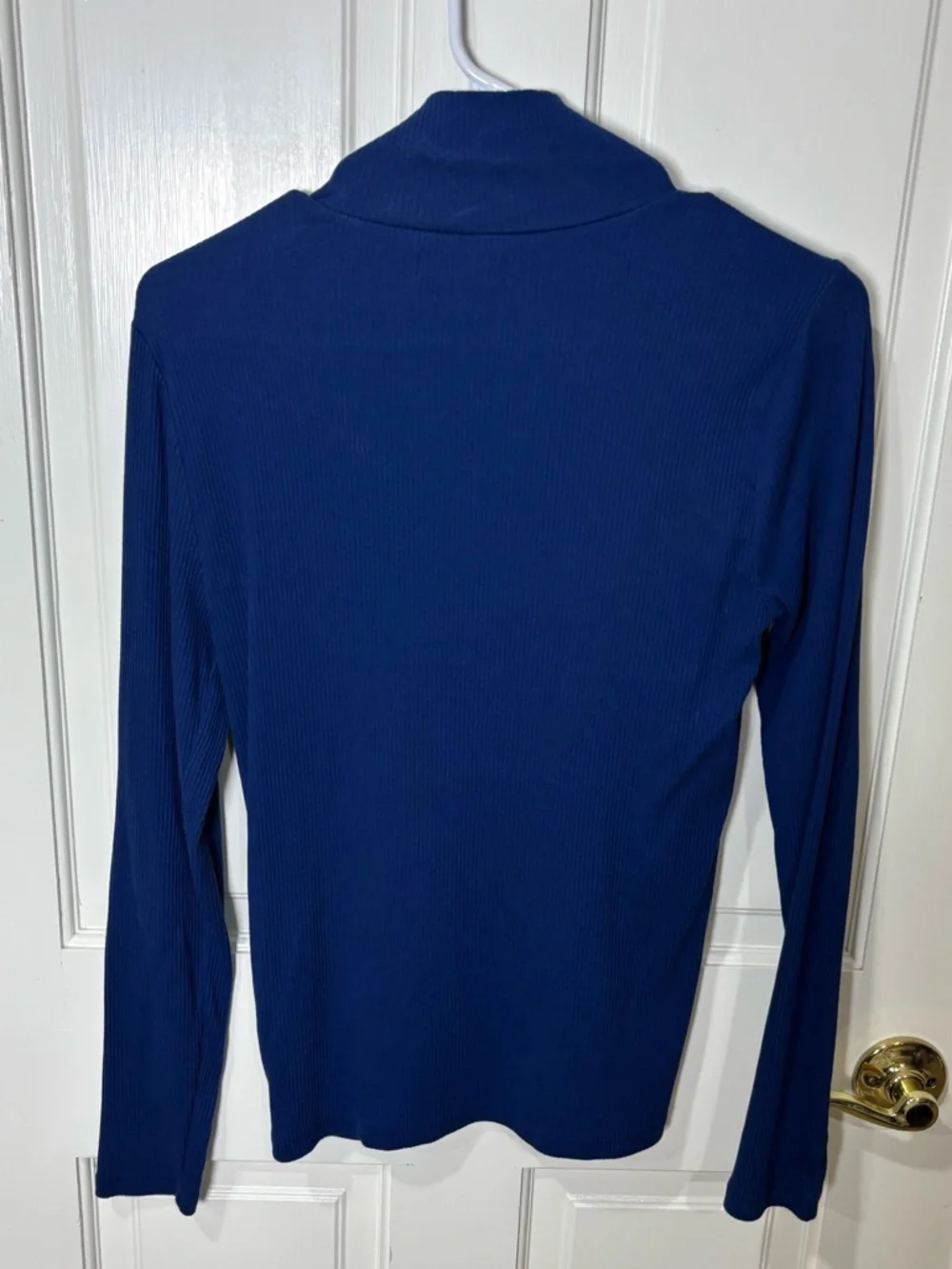 J. Crew Ribbed Turtleneck Top M Royal Blue Gold‎ Button Shoulder Knit Sweater